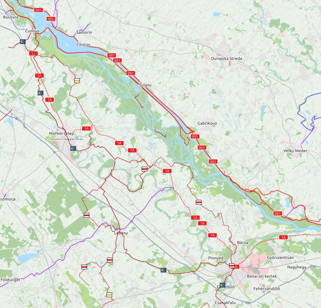 A natúrparki térség gyalogos túraútvonal-hálózatának gerincét a sárga és a piros sáv jelzésű útvonalak képezik (16. ábra). A közös jelzésű túraútvonal dél felől Kimlénél éri el a Szigetközt.