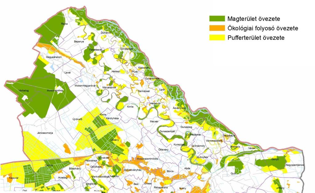 A natúrparki térségben az ökológiai hálózat két tengelyét az ÉNy-DK-i irányban folyó Öreg-Duna és Mosoni-Duna alkotja.