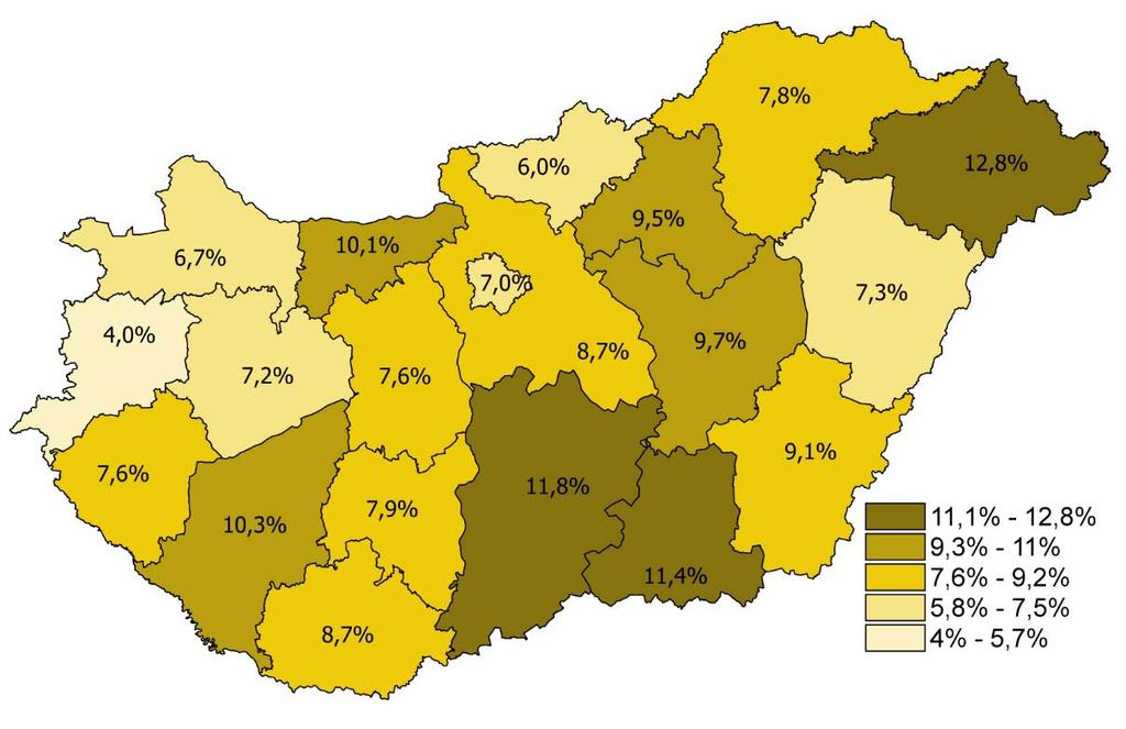 V2.1. táblázat: Katasztrofális egészségügyi kiadásokat elszenvedõ háztartások aránya régió szerinti bontásban (2014, százalék) V2.1. térkép: Katasztrofális egészségügyi kiadásokat elszenvedõ háztartások aránya megyénként (2014) V2.