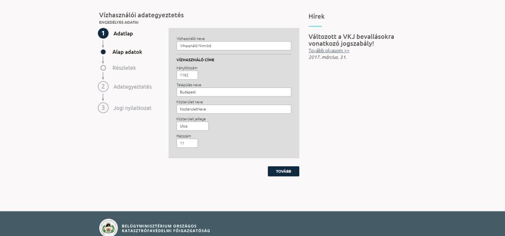 adatait, az engedélyben szereplő