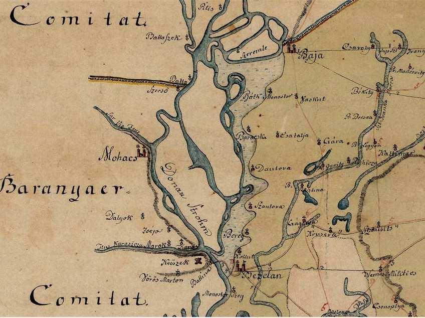 3. kép: A Mohácsi-sziget képe Fischer 1785-ös mappáján, mint Karpe Mihály 1764-es térképének