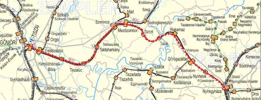 Miskolc Nyíregyháza vasútvonal Miskolc-Tiszai pu. (kiz.) Mezőzombor (bez.) jelenleg is 2 vágány - Mezőzombor (kiz.) Görögszállás (kiz.