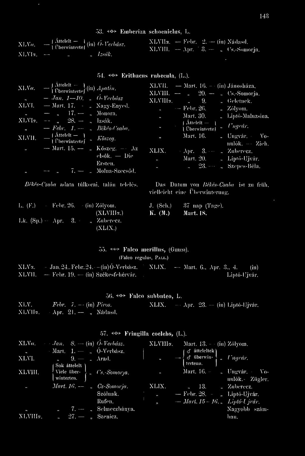- - Die Ersten. Molna-Szecsd. XLVII. - Mart. 16. XLVIII. 20. XLVIIIa... 9, Kehr. 26. - - Mart. 30. ( Áttelelt - ~~ i Überwinterte/ Mart. 16. - XLIX. Apr. 3. Mart. 20... 23. (in) Jánosháza, Cs.