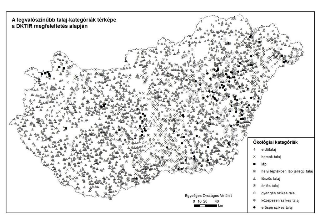 13. ábra: A megfeleltetési eljárás alkalmazása alapján a megadott MÉTA hatszög középpontokban a legvalószínűbb talaj kategóriák térképe A független adatokkal történő validálás eredményei alapján a