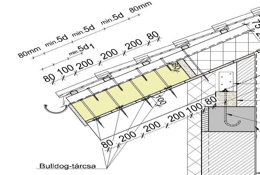 Megtámasztó bak rögzítése - közeli részlet 5 A fenti számítások alapján - a hőszigetelő anyag összenyomódását figyelembevéve - a normál tetősúly, a 100 cmes szarufa kiosztás és a 15 ill.