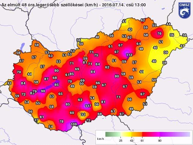 6/c. ábra: Az elmúlt 8 óra maximális széllökése 216. július 14.