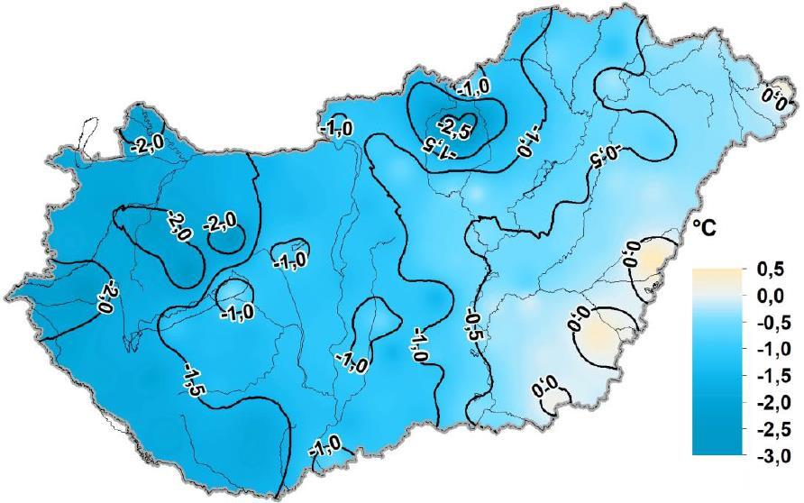 február havi középhőmérséklet átlagtól (1971-2) való eltérésének területi eloszlása 32 31