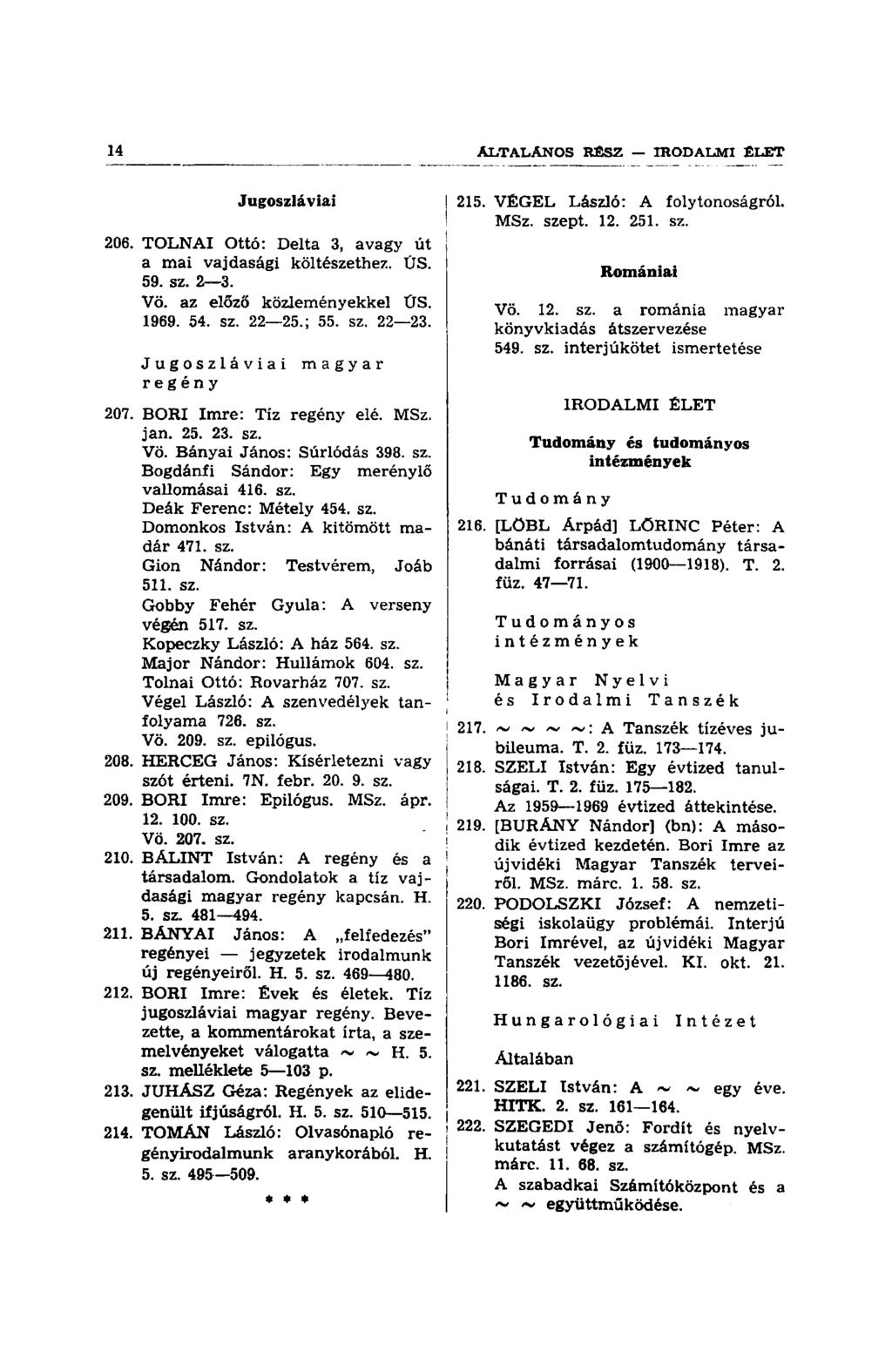 Jugoszláviai 206. TOLNAI Ottó: Delta 3, avagy út a mai vajdasági költészethez. ŰS. 59. sz. 2 3. Vö. az előző közleményekkel ÜS. 1969. 54. sz. 22 25.; 55. sz. 22 23. Jugoszláviai regény magyar 207.