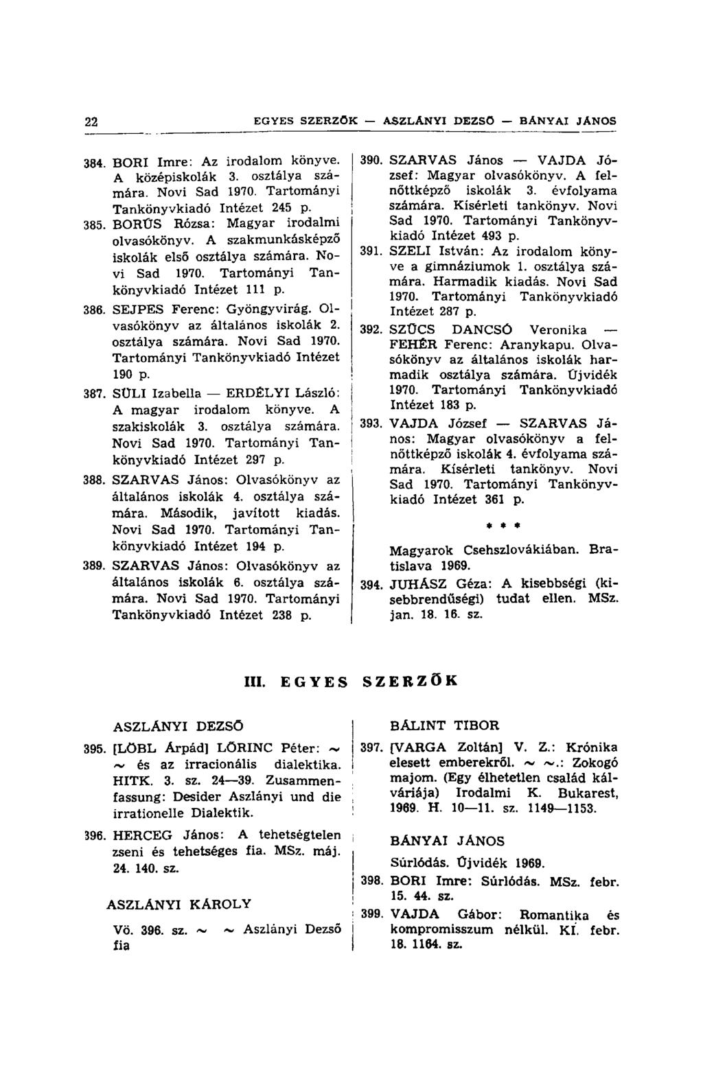 384. BORI Imre: Az irodalom könyve. A középiskolák 3. osztálya számára. Novi Sad 1970. Tartományi Tankönyvkiadó Intézet 245 p. 385. BORÜS Rózsa: Magyar irodalmi olvasókönyv.