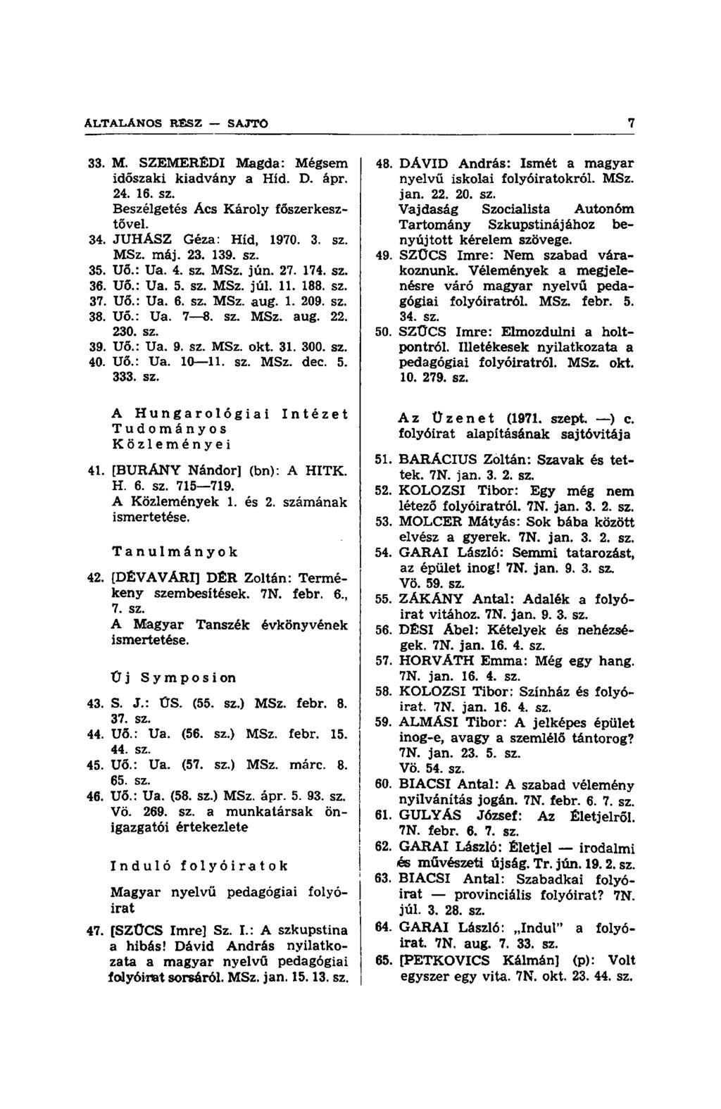 33. M. SZEMEREDI Magda: Mégsem időszaki kiadvány a Híd. D. ápr. 24. 16. sz. Beszélgetés Acs Károly főszerkesztővel. 34. JUHASZ Géza: Híd, 1970. 3. sz. MSz. máj. 23. 139. sz. 35. Uő.: Ua. 4. sz. MSz. jún.
