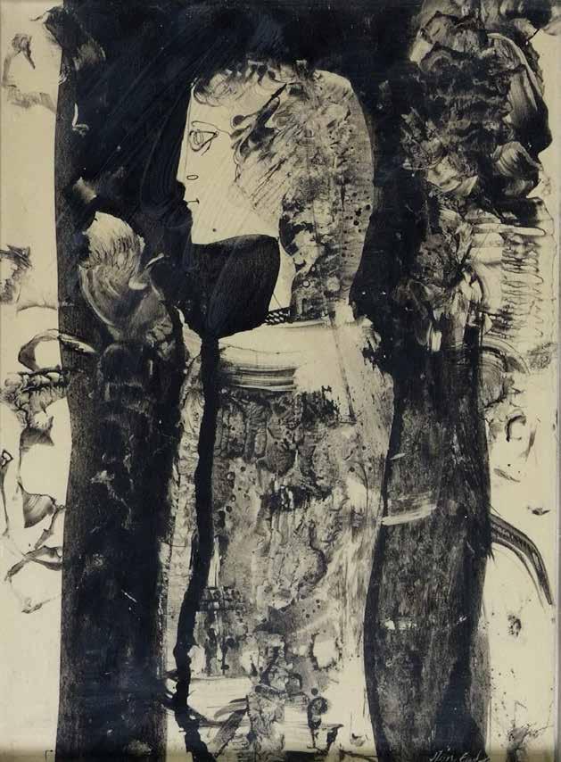 195. tétel SZÁSZ ENDRE (1926-2003) Nő alak fekete háttérrel 28x21 cm Olaj, tus, karton