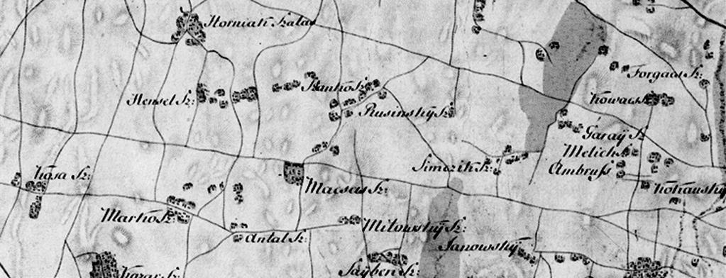 Fenntartásuk a földművelés és állattenyésztés érdekeit szolgálta. 1. ábra. Az egykori szállásföldek az 1782-85. évi katonai felmérés térképén. Kiemelve Sulyán- és Benkőbokor.