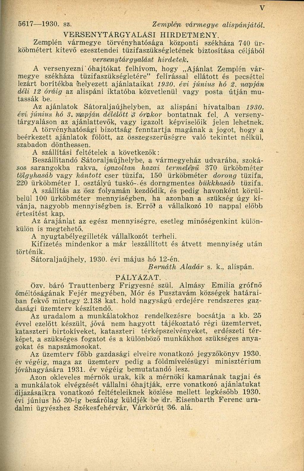 5617 1930. sz. Zempléft vármegye alispánjától. VERSENYTÁRGYALÁSI HIRDETMÉNY.