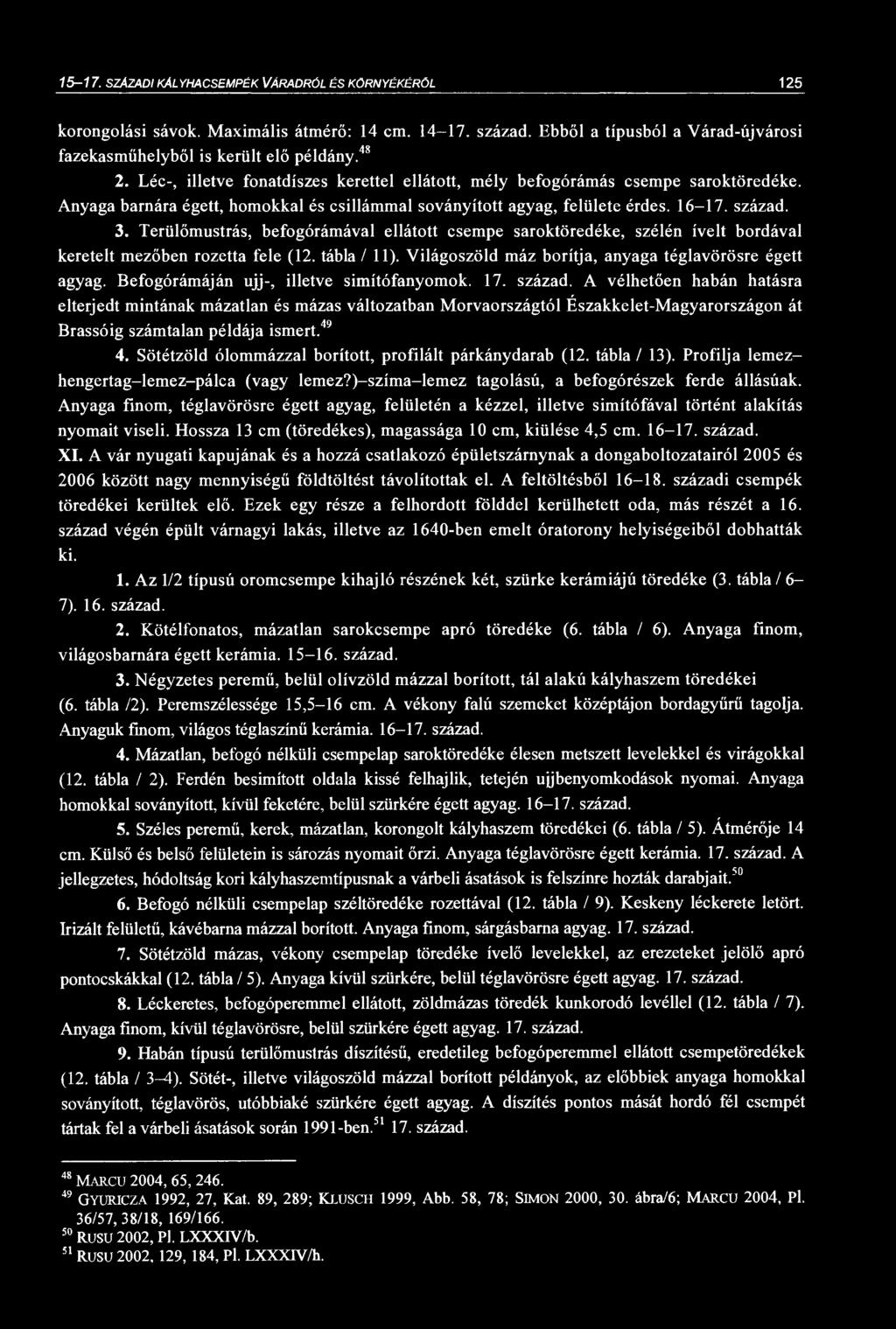 15-17. SZÁZADI KÁLYHACSPÉK VÁRADRÓL ÉS KÖRNYÉKÉRŐL 125 korongolási sávok. aximális átmérő: 14 cm. 14-17. század. bből a típusból a Várad-újvárosi fazekasműhelyből is került elő példány. 48 2.