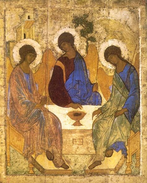 Ő sem maga találta ki a Szentháromság képét, hanem a Teremtés könyvének elbeszélését festette meg. Azt a jelenetet, amikor a három titokzatos angyal meglátogatja Ábrahámot.