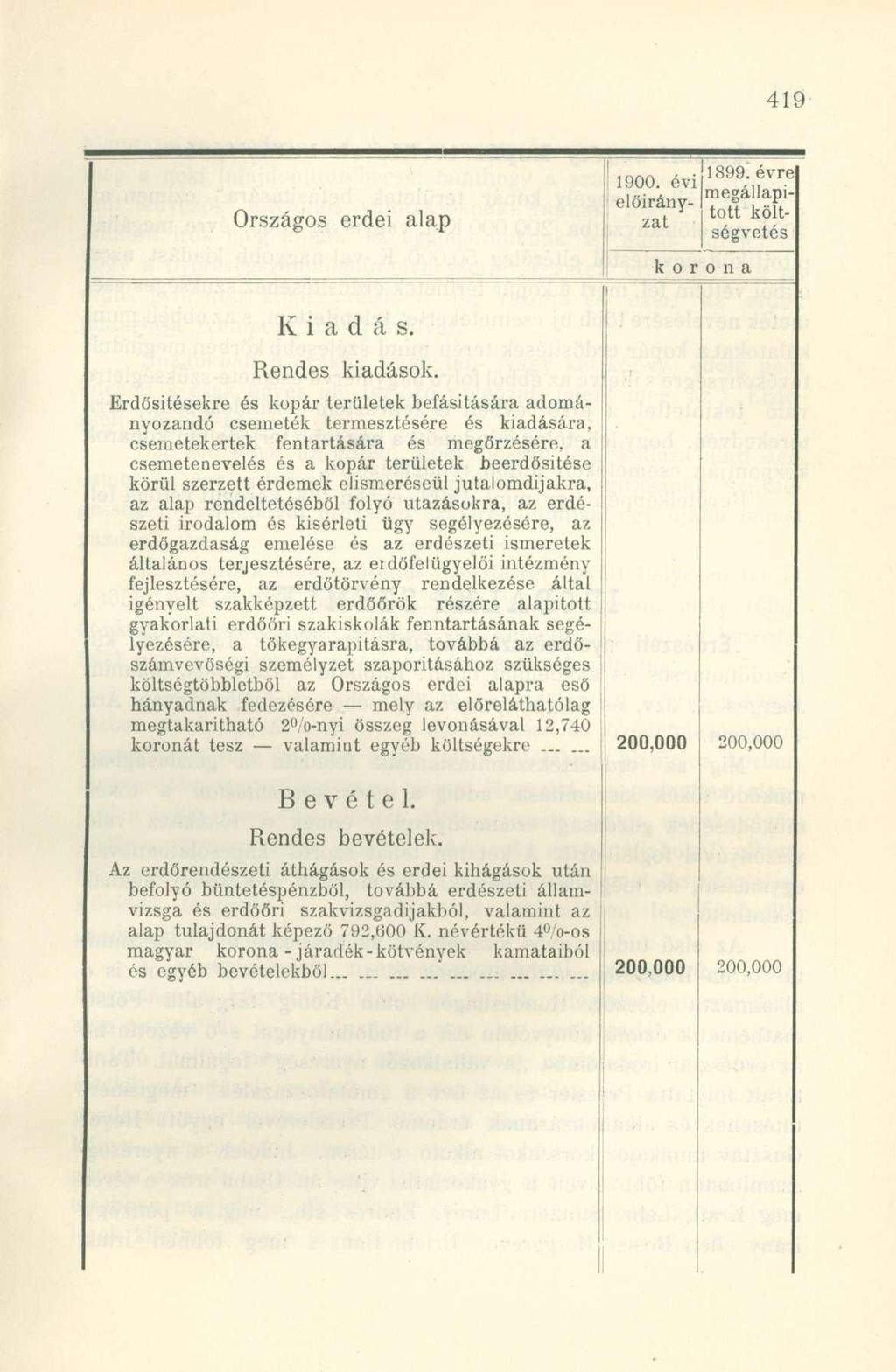 Országos erdei alap 1900. évi előirányzat 1899. évrel megállapított költ-1 ségvetés o r o n a Kiad á s. Rendes kiadások.