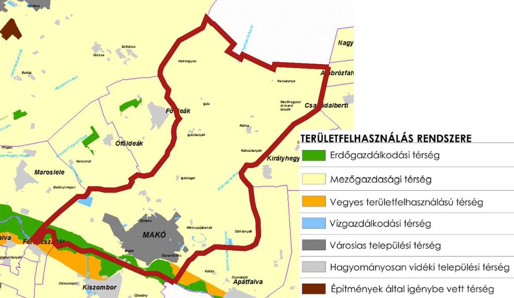 41 Makót érintő térségi területfelhasználási kategóriák a következők: Erdőgazdálkodási térség Mezőgazdasági térség Vegyes