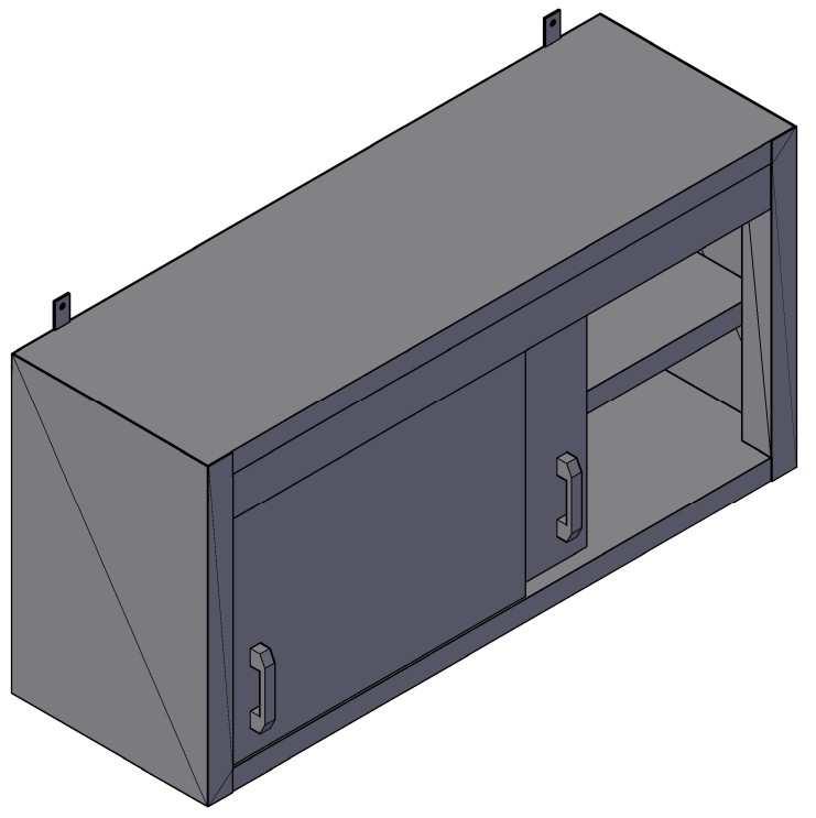 1. oldal Faliszekrény alsó és középső polccal, toló ajtókkal - ATFSZT - Standard magasság: 600 mm - Polcok vastagsága: 40 mm - Lemezvastagság: 1,0 mm - Felület: Oldalak és ajtók szálcsiszolt, polcok