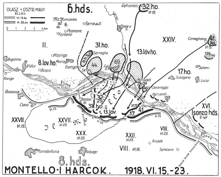 HSz 2018/4. Hadtörténelem 117 1. térkép Montellói harcok Forrás: Doromby József Reé László (szerk.): A magyar gyalogság. A magyar gyalogos katona története.