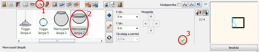 Kattintson a Zöld pipára (3) elhelyezi a mennyezeti lámpát. 3.4.3. Mennyezet anyaga Kattintson az Eszköztárban a Mennyezet anyaga ikonra (1).