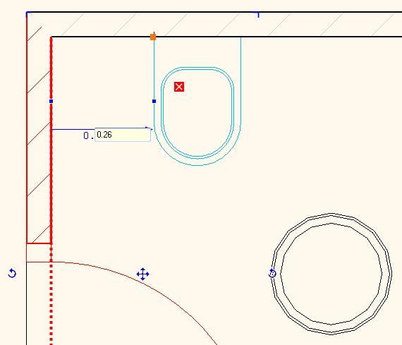 A következő lépésben a bal faltól 0,26m-re helyezzük el a WC-t.
