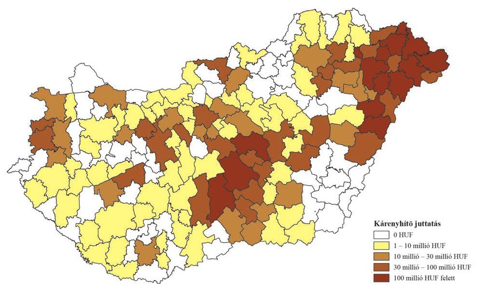 7. ábra: A kárenyhítő juttatások összege járásonként 2015-ben Forrás: MVH-adatok alapján készült az AKI Horizontális Elemzési Osztályán 8.