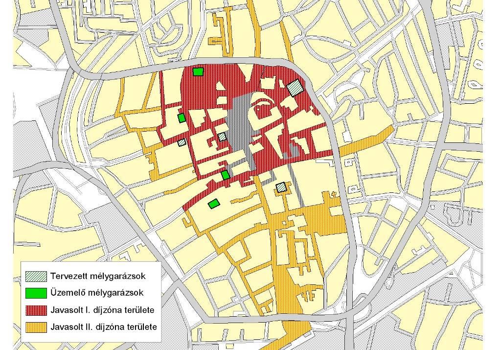 Megközelíthetőségi szabályozás és parkolás menedzsment vizsgálata Debrecen belvárosában 73 Debrecen belvárosának javasolt új parkolási zónarendszere A fizető parkolási övezet kiterjesztése az ott