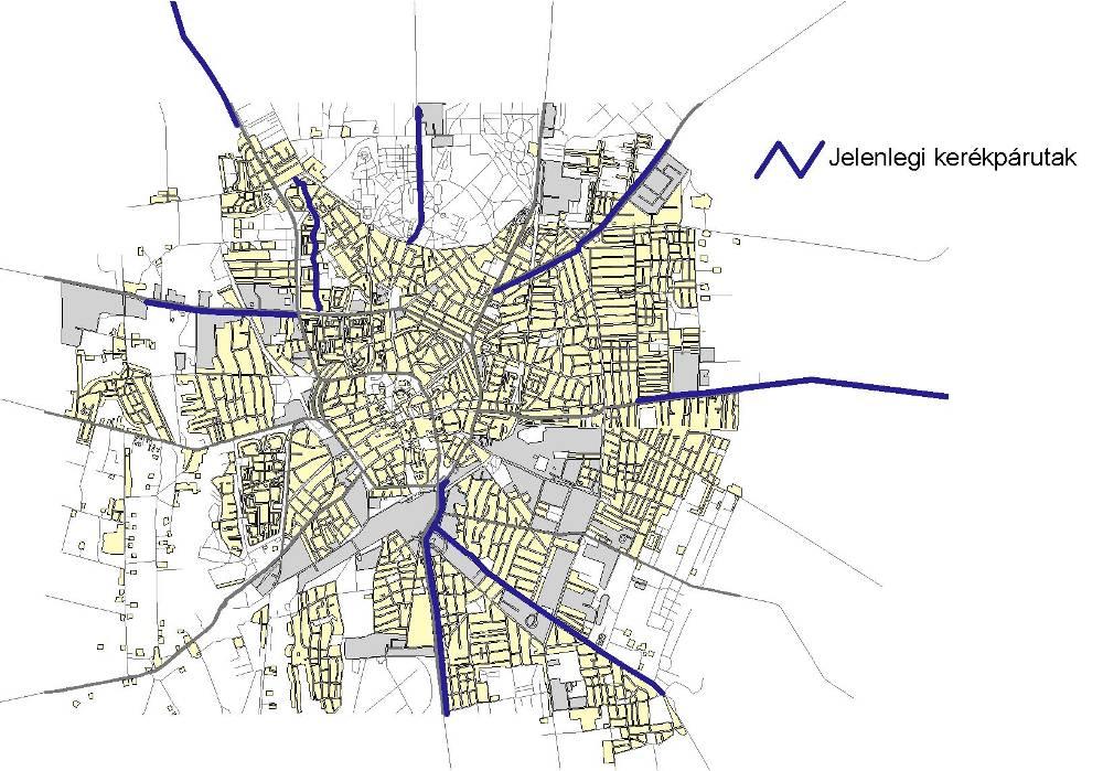 Debrecen fenntartható városi közlekedés-fejlesztési terve - 35 - Jelenlegi kerékpárutak szakaszai és térképe Debrecenben Az infrastruktúra másik negatívuma a kerékpártárolók hiánya a nagy forgalmat