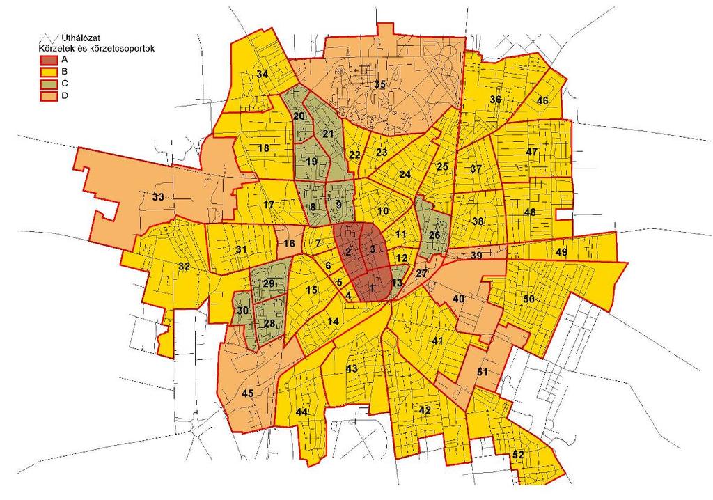Debrecen fenntartható városi közlekedés-fejlesztési terve - 75 - Debrecen körzetbeosztása A sok körzet a számítógépes modellezésnél pontosabb munkát tesz lehetővé, ugyanakkor a mintavételes