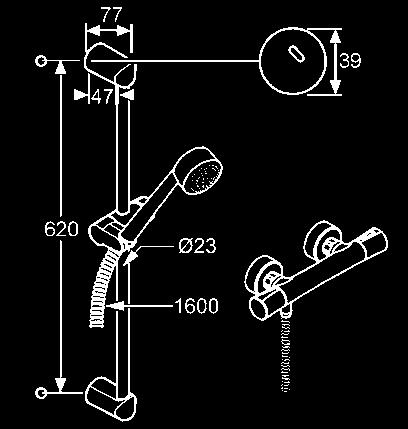 3 bar PA-IX 18064/IB KLUDI ZENTA SHOWER DUO termosztátos zuhanycsaptelep NA 15 falirúd csúszkával L = 600 mm hőfokszabályzó kar 38 C-ra beállított reteszgombbal visszafolyásgátlóval
