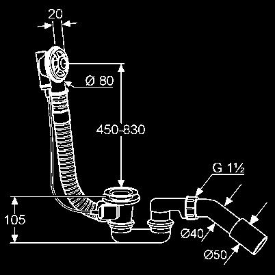 2138510 számú szagelzáróval bowden huzal 850 mm hosszú 950 mm-es rugalmas túlfolyócsővel különleges kádakhoz