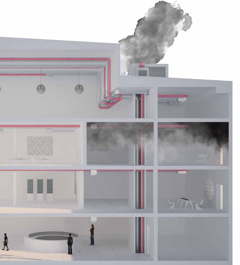 A füstelvezető légcsatornák párhuzamosan futnak az épületgépészeti rendszerekkel Füstelszívó ventilátor