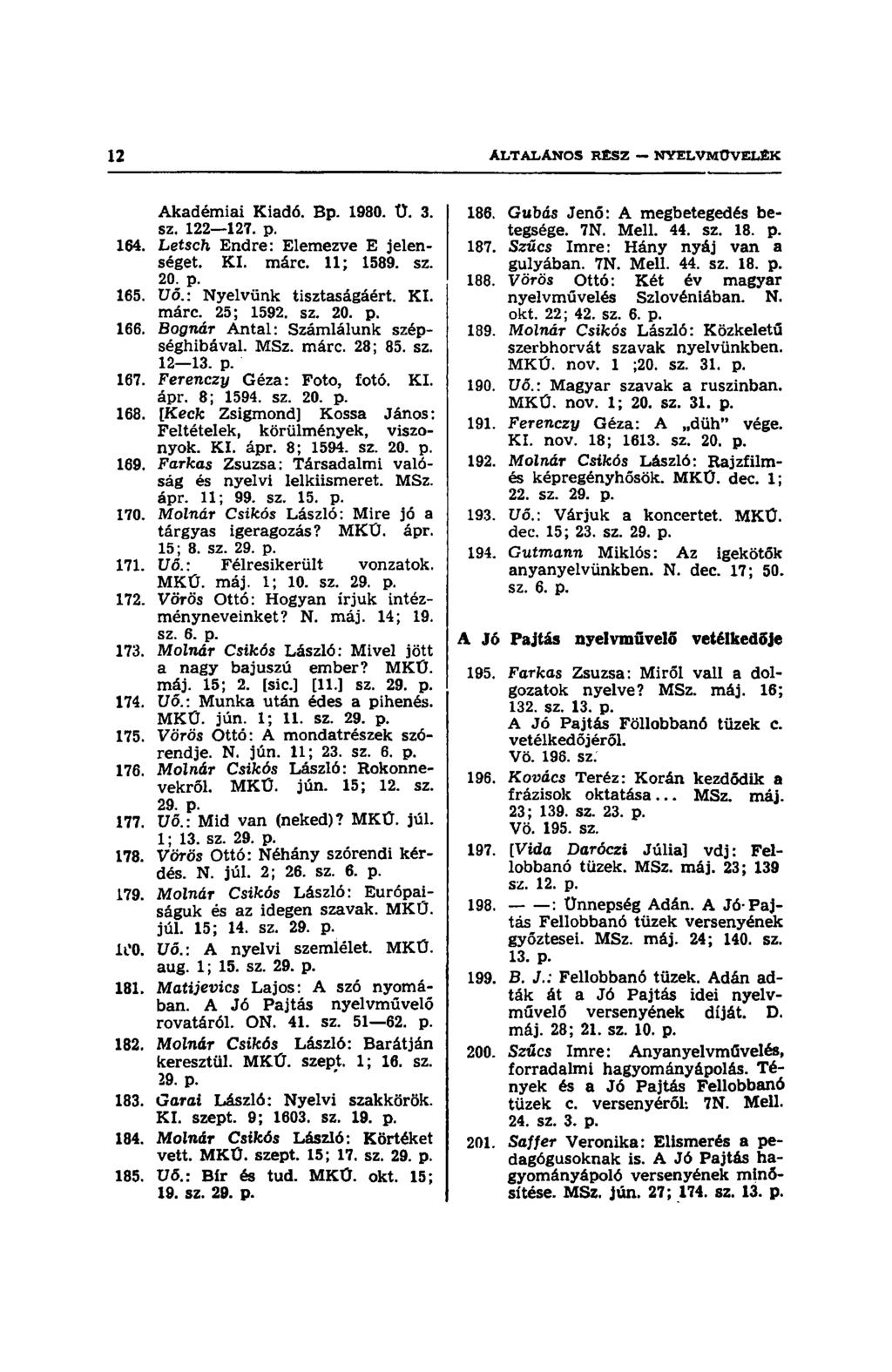 Akadémiai Kiadó. Bp. 1980. Ü. 3. sz. 122 127. p. 164. Letsch Endre: Elemezve E jelenséget. KI. márc. 11; 1589. sz. 20. p. 165. Vő.: Nyelvünk tisztaságáért. KI. márc. 25; 1592. sz. 20. p. 166.