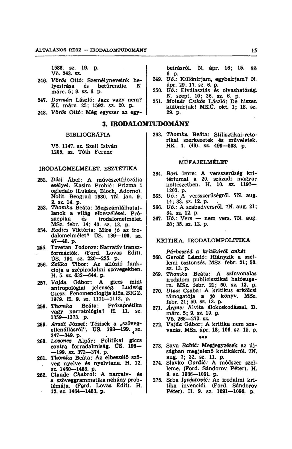 1588. SZ. 19. p. Vö. 243. sz. 246. Vörös Ottó: Személyneveink helyesírása és betűrendje. N márc. 5; 9. sz. 6. p. 247. Dormán László: Jazz vagy nem? KI. márc. 25; 1592. sz; 20. p. 248.