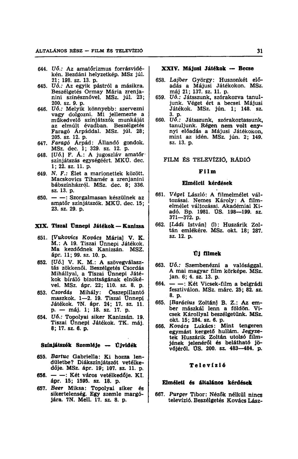 644. Uő.: Az amatőrizmus forrásvidékén. Bezdáni helyzetkép. MSz júl. 21; 198. sz. 13. p. 645. Uő.: Az egyik pástról a másikra. Beszélgetés Ormay Mária zrenjanini színésznővel. MSz. júl. 23; 200. sz. 9.