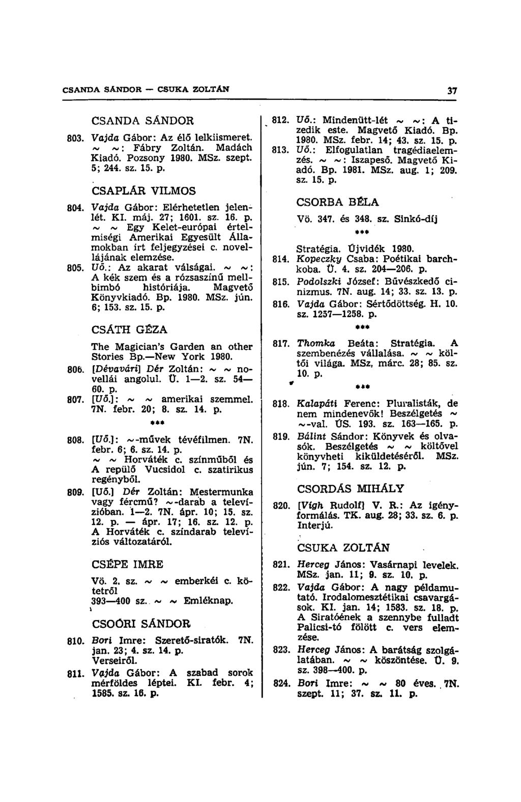 CSANDA SÁNDOR 803. Vajda Gábor: Az élő lelkiismeret. ~ ~: Fábry Zoltán. Madách Kiadó. Pozsony 1980. MSz. szept. 5; 244. sz. 15. p. CSAPLÁR VILMOS 804. Vajda Gábor: Elérhetetlen jelenlét. KI. máj.