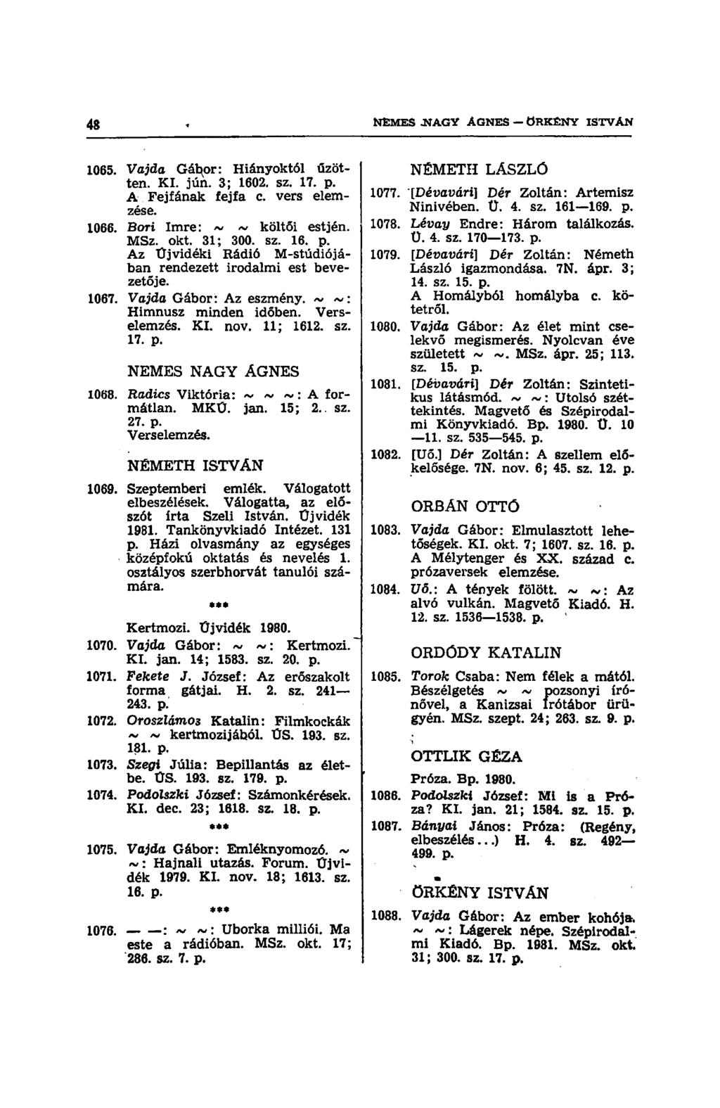 1065. Vajda Gábor: Hiányoktól űzötten. KI. jún. 3; 1602. sz. 17. p. A Fejfának fejfa c. vers elemzése. 1066. Bori Imre: ~ ~ költői estjén. MSz. okt. 31; 300. sz. 16. p. Az Újvidéki Rádió M-stúdiójában rendezett irodalmi est bevezetője.