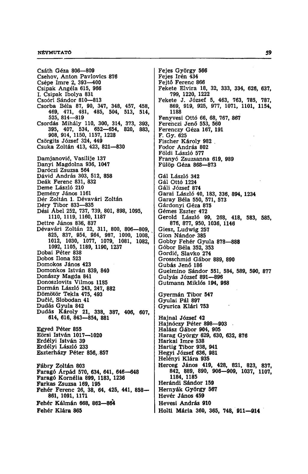 Csáth Géza 806 809 Csehov, Anton Pavlovics 876 Csépé Imre 2, 393 400 Csipak Angéla 615, 966 I.