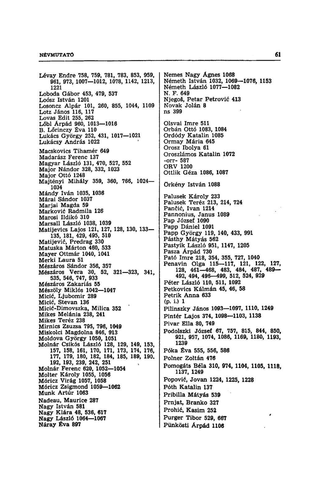 Lévay Endre 758, 759, 781, 783, 853, 959, 961, 973, 1007 1012, 1078, 1142, 1213, 1221 Loboda Gábor 453, 479, 537 Loósz István 1201 Losoncz Alpár 101, 260, 855, 1044, 1109 Lötz János 116, 117 Lovas