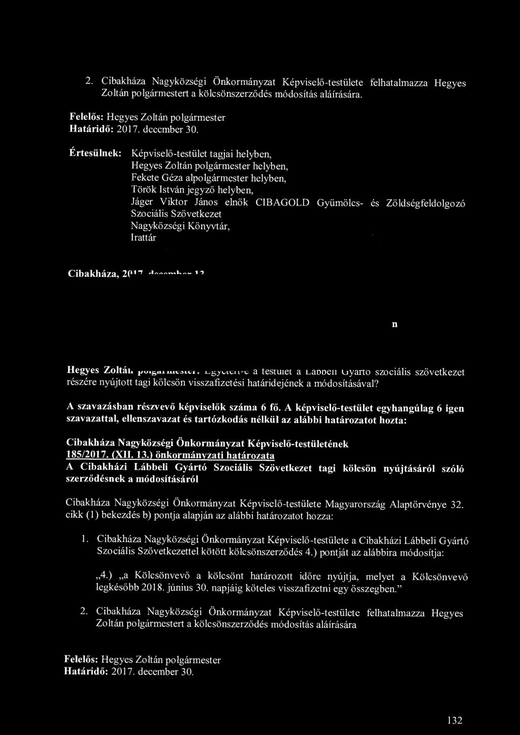 2. Cibakháza Nagyközségi Önkormányzat Képviselő-testülete felhatalmazza Hegyes Zoltán polgármestert a kölcsönszerződés módosítás aláírására. Felelős: Hegyes Zoltán polgármester Határidő: 2017.