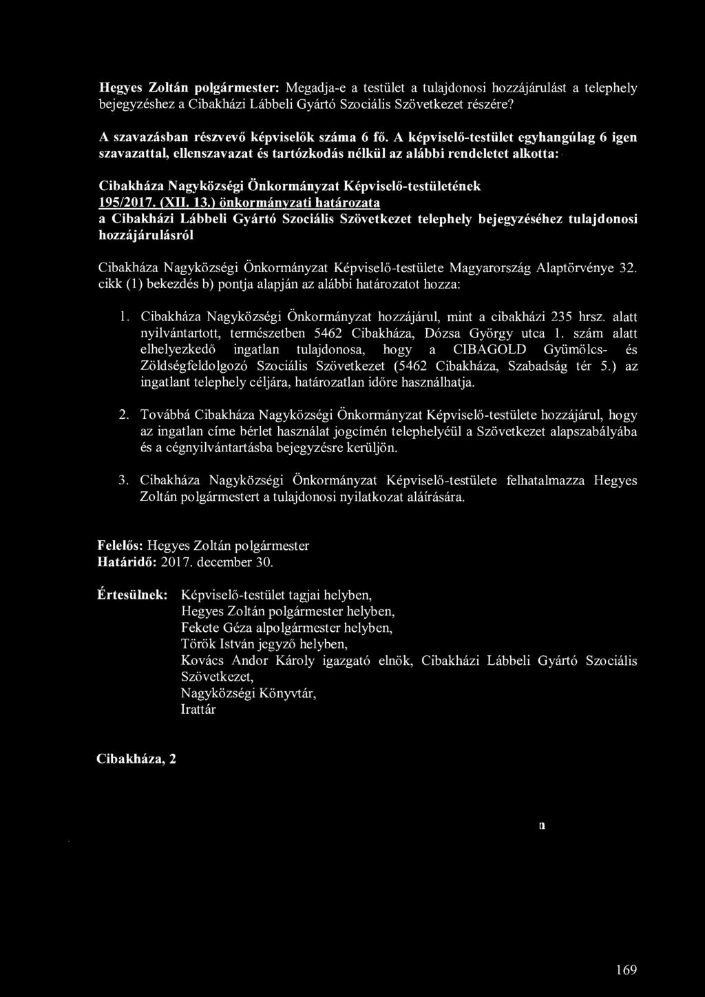 Hegyes Zoltán polgármester: Megadja-e a testület a tulajdonosi hozzájárulást a telephely bejegyzéshez a Cibakházi Lábbeli Gyártó Szociális Szövetkezet részére?