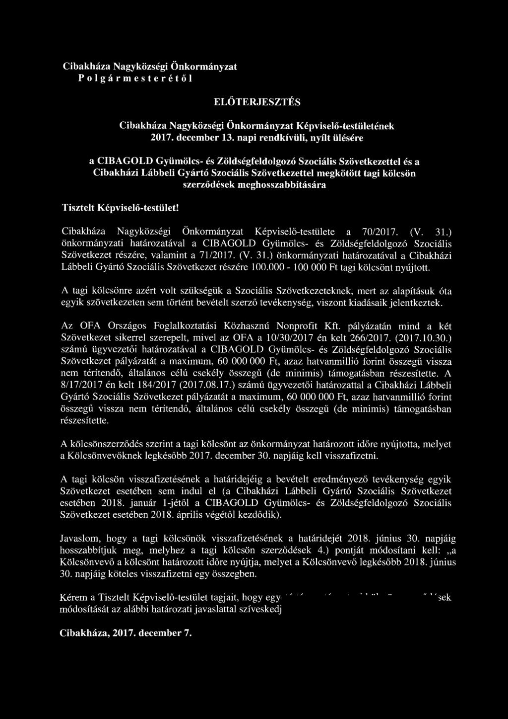 Cibakháza Nagyközségi Önkormányzat Polgármesterétől ELŐTERJESZTÉS Cibakháza Nagyközségi Önkormányzat Képviselő-testületének 2017. december 13.