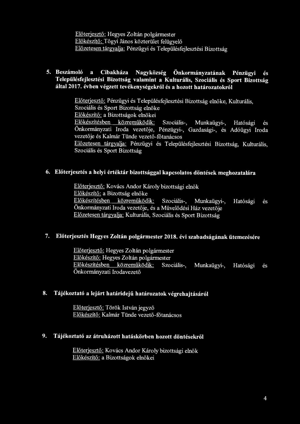 évben végzett tevékenységekről és a hozott határozatokról Előterjesztő: Pénzügyi és Településfejlesztési Bizottság elnöke, Kulturális, Szociális és Sport Bizottság elnöke Előkészítő: a Bizottságok