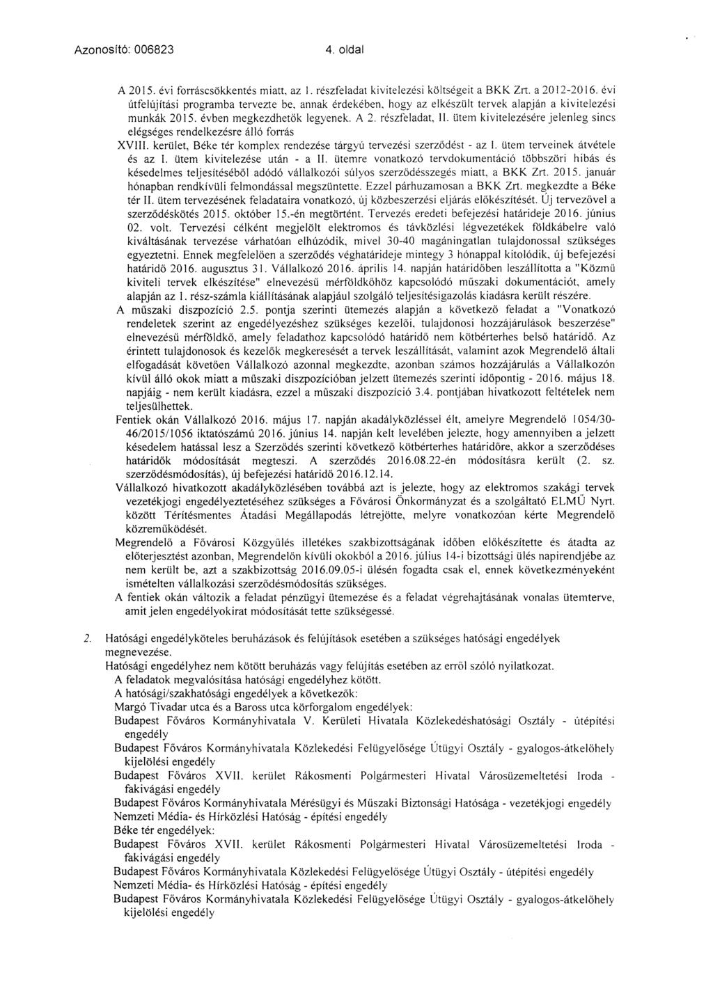 Azonosító: 006823 4. oldal A 205. évi forráscsökkentés miatt, az. részfeladat kivitelezési költségeit a BKK Zrt. a 202-206. évi útfelújítási programba tervezte be, annak érdekében.