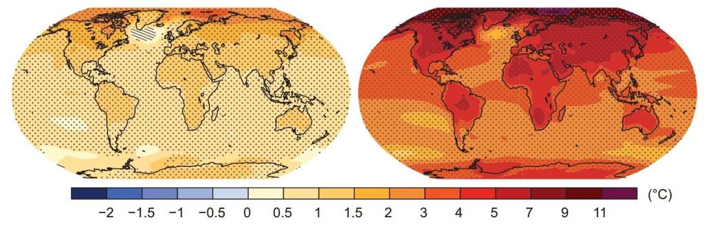 A földfelszíni és tengerfelszíni várható hőmérséklet-emelkedés mértéke (az 1986-2005 időszak átlagához képest a 2081-2100 időszak (modellezett) átlagát hasonlítva) két éghajlati forgatókönyvre (bal