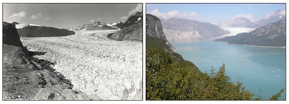 1. kép. A Muir gleccser (Alaszka) visszahúzódása. A bal oldali kép 1941 augusztusában, a jobb oldali kép 2004 augusztusában készült. 2. kép. Metán kiáramlása a tengerfenéken 3.