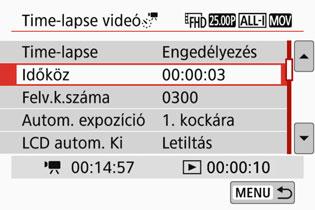 4 N Time-lapse videók készítése Szükséges idő Lejátszási idő Adja meg a felvételi időközt és a felvételek számát.