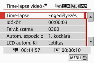 N Time-lapse videók készítése 6 Állítsa be, hogy a fényképezőgép kikapcsolja-e automatikusan az LCD-kijelzőt. Válassza ki, majd állítsa be az [LCD autom. Ki] funkciót.