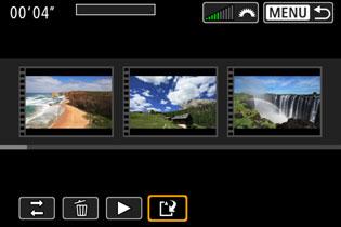 3 Video-pillanatképek készítése 3 Mentse a szerkesztett albumot. Nyomja meg a <M> gombot a képernyő alján lévő Szerkesztés panelre való visszatéréshez.