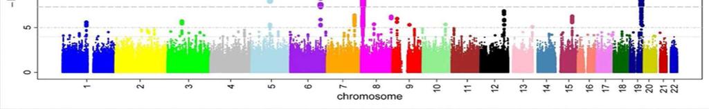 Genome wide association studies Manhattan plot: minden pont egy SNP-t jelöl, az x-tengelyen a lokalizáció az y-tengelyen az asszociáció szorossága látható.